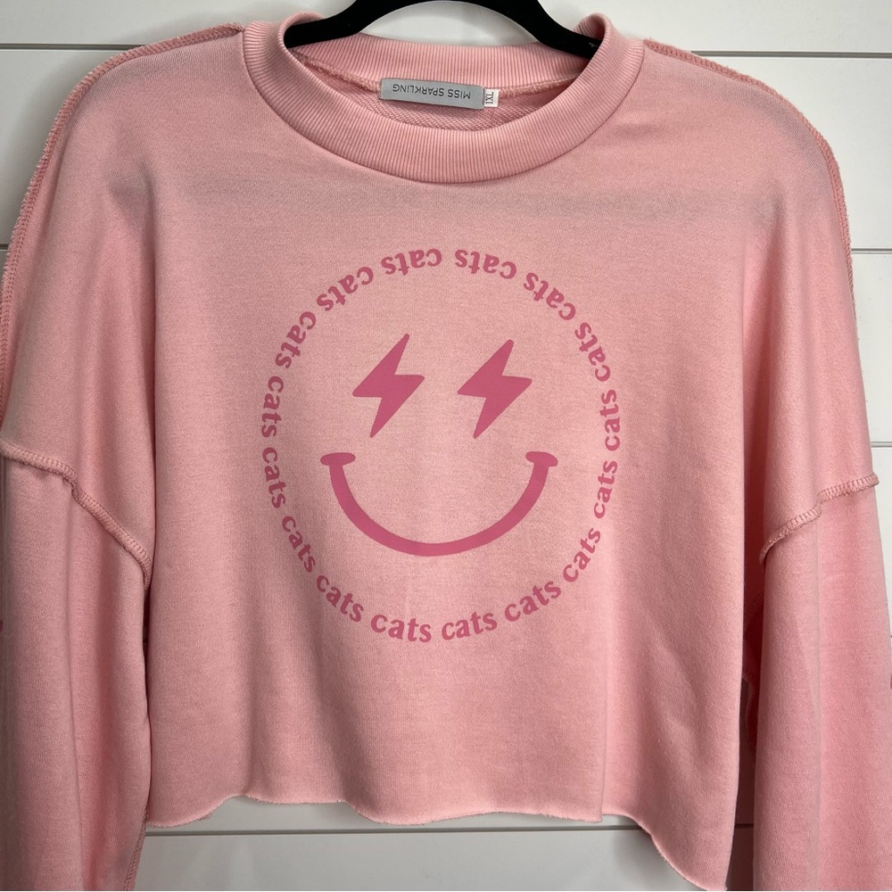 Miss Sparkling Pink Cropped Cats, Cats, Cats UK‎ Sweatshirt. Size 1XL. NWT.
